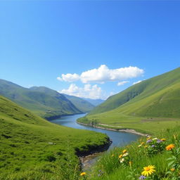 Create an image of a serene landscape with a clear blue sky, lush green hills, and a calm river flowing through the valley