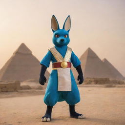 Lucario, the Pokémon, dressed in traditional Egyptian attire standing against a background of the Pyramids of Giza at sunset