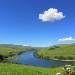 Create an image of a serene landscape with a clear blue sky, lush green hills, and a calm river flowing through the valley