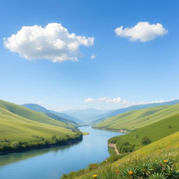 Create an image of a serene landscape with a clear blue sky, lush green hills, and a calm river flowing through the valley