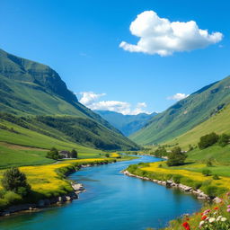 Create an image of a serene landscape with a clear blue sky, lush green hills, and a calm river flowing through the valley