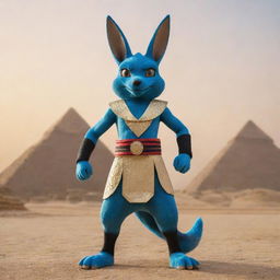 Lucario, the Pokémon, dressed in traditional Egyptian attire standing against a background of the Pyramids of Giza at sunset