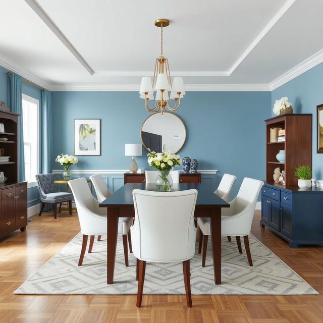 A redesigned dining room using the same furniture but with modified colors