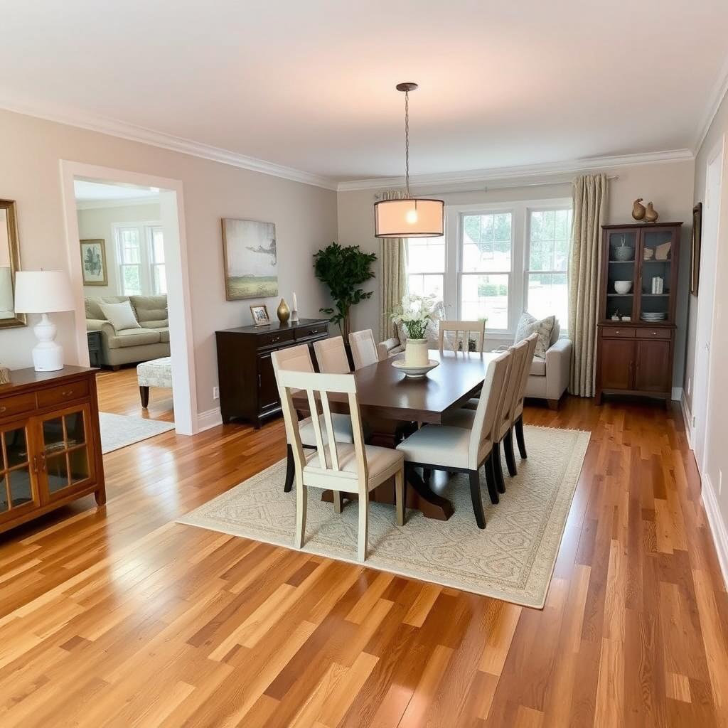 A redesigned dining room using the same furniture from a kitchen and living room with wood flooring but with modified colors to neutral tones