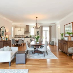 A redesigned dining room using the same furniture from a kitchen and living room with wood flooring but with modified colors to neutral tones