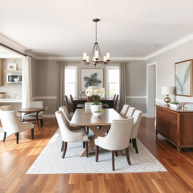 A redesigned dining room using the same furniture from a kitchen and living room with wood flooring but with modified colors to neutral tones