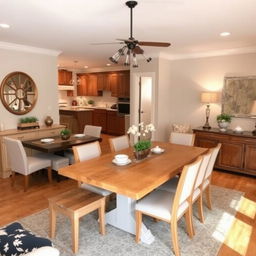 A redesigned dining room using the same furniture from a kitchen and living room with wood flooring but with modified colors to neutral tones