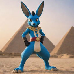 Lucario, the Pokémon, dressed in traditional Egyptian attire standing against a background of the Pyramids of Giza at sunset