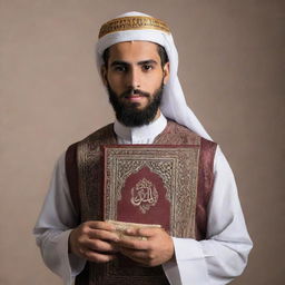 A handsome, bearded Arab youth in traditional attire, holding the Quran with reverence and pride.