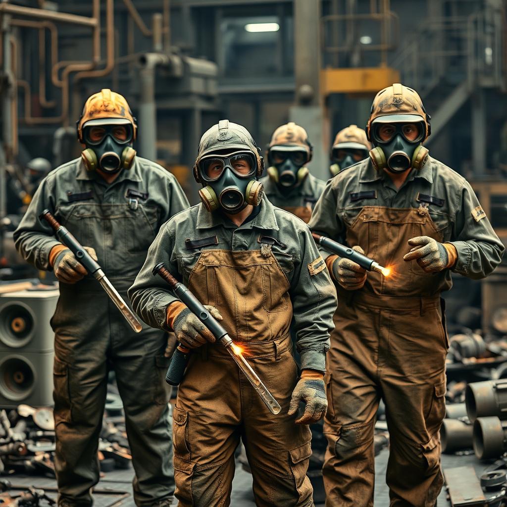 Factory workers wearing dirty overalls and gas masks, carrying wrenches and blowtorches