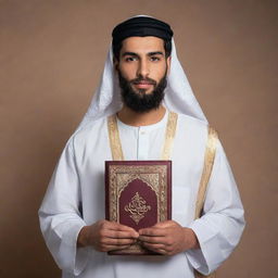 A handsome, bearded Arab youth in traditional attire, holding the Quran with reverence and pride.