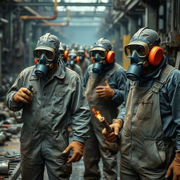 Factory workers wearing dirty overalls and gas masks, carrying wrenches and blowtorches