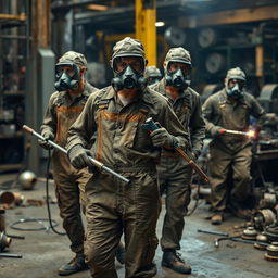 Factory workers wearing dirty overalls and gas masks, carrying wrenches and blowtorches