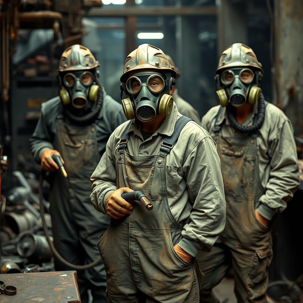 Factory workers wearing dirty overalls and gas masks, carrying wrenches and blowtorches