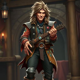 A charismatic human bard in a fantasy setting, inspired by Mick Jagger and Keith Richards