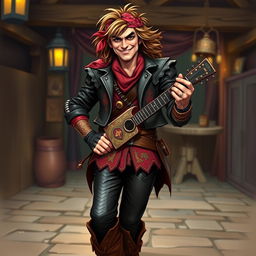 A charismatic human bard in a fantasy setting, inspired by Mick Jagger and Keith Richards