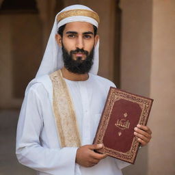 A handsome, bearded Arab youth in traditional attire, holding the Quran with reverence and pride.