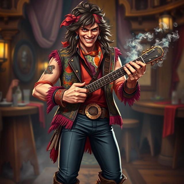 A charismatic male human bard in a fantasy setting, inspired by Mick Jagger and Keith Richards