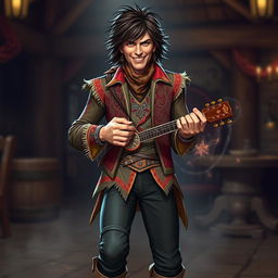 A charismatic male human bard in a fantasy setting, inspired by Mick Jagger and Keith Richards