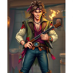 A charismatic male human bard in a fantasy setting, inspired by Mick Jagger and Keith Richards