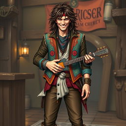 A charismatic male human bard in a fantasy setting, inspired by Mick Jagger and Keith Richards