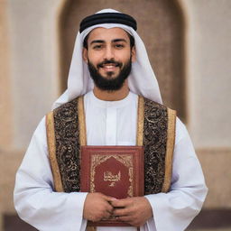 A handsome, bearded Arab youth in traditional attire, holding the Quran with reverence and pride.