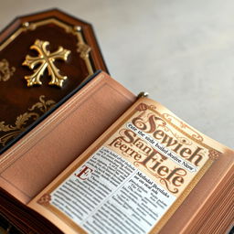 An intricately designed Bible with a leather-bound cover, golden edges on the pages, and an ornate cross on the front