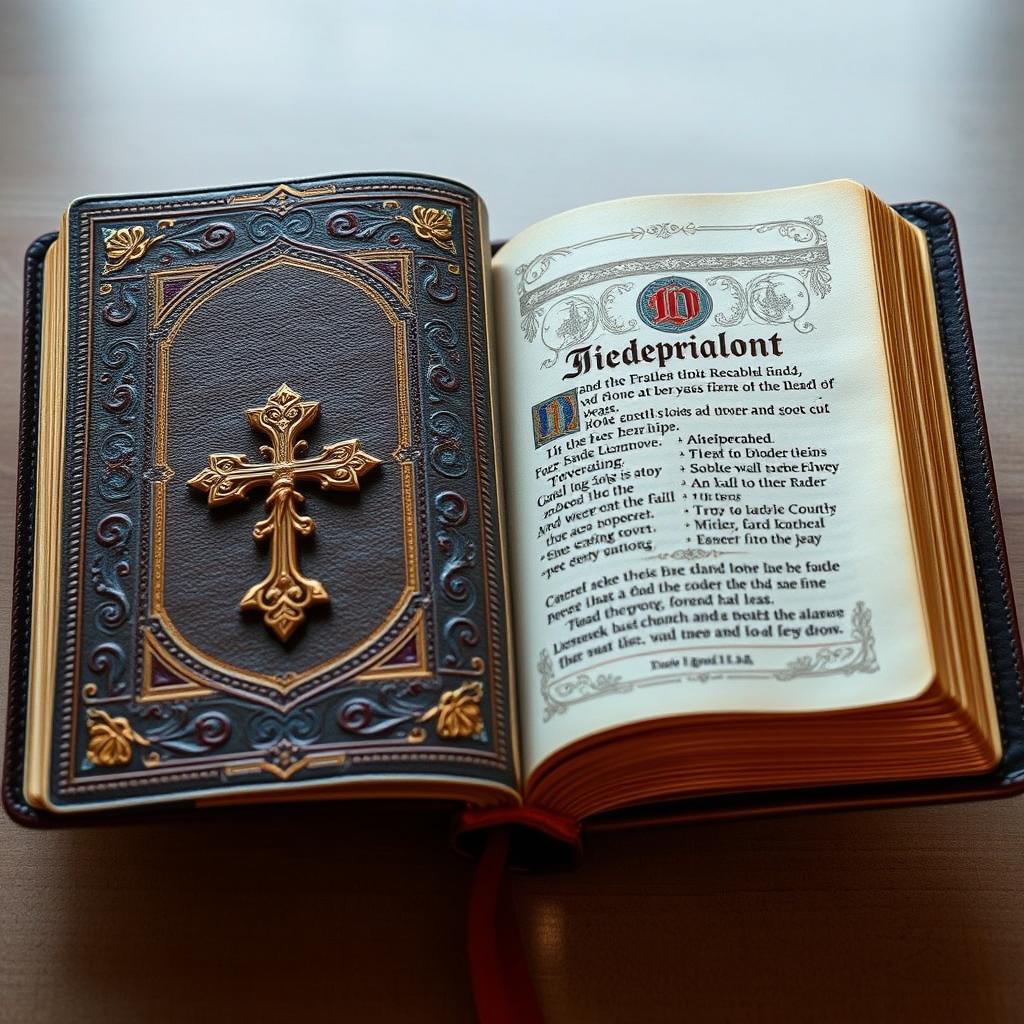 An intricately designed Bible with a leather-bound cover, golden edges on the pages, and an ornate cross on the front