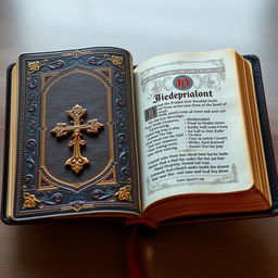 An intricately designed Bible with a leather-bound cover, golden edges on the pages, and an ornate cross on the front