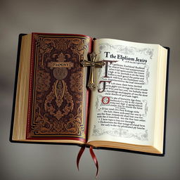 An intricately designed Bible with a leather-bound cover, golden edges on the pages, and an ornate cross on the front