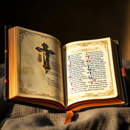 An intricately designed Bible with a leather-bound cover, golden edges on the pages, and an ornate cross on the front