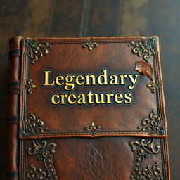 An old leather brown book with a gold shining 'Legendary creatures' sentence in the middle, detailed and realistic, with intricate designs on the cover, giving it an ancient and mystical appearance