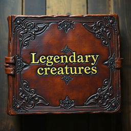 An old leather brown book with a gold shining 'Legendary creatures' sentence in the middle, detailed and realistic, with intricate designs on the cover, giving it an ancient and mystical appearance