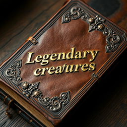 An old leather brown book with a gold shining 'Legendary creatures' sentence in the middle, detailed and realistic, with intricate designs on the cover, giving it an ancient and mystical appearance