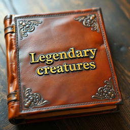 An old leather brown book with a gold shining 'Legendary creatures' sentence in the middle, detailed and realistic, with intricate designs on the cover, giving it an ancient and mystical appearance