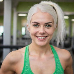 Photograph of a 30-year-old, average-build girl with white hair, working out in a fitness room. She exhibits long square proportional facial features, dimples in her cheeks, bow lips, large black eyebrows, smooth medium green eyes, and swarthy skin