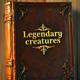 An old leather brown book cover with a gold shining 'Legendary creatures' sentence in the middle