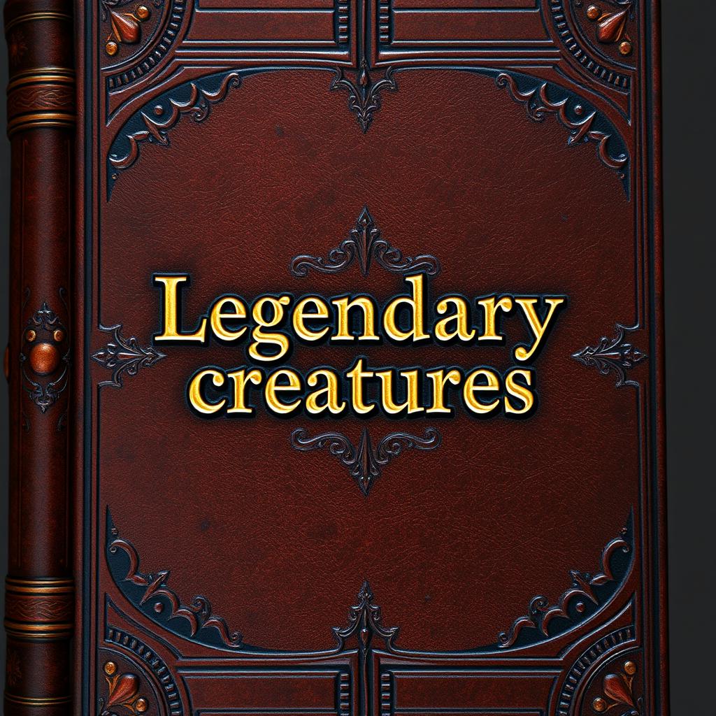 An old A4-sized leather brown book cover with a gold shining 'Legendary creatures' sentence in the middle