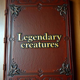 An old A4-sized leather brown book cover with a gold shining 'Legendary creatures' sentence in the middle