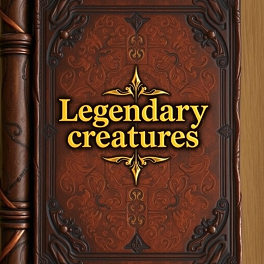 An old A4-sized leather brown book cover with a gold shining 'Legendary creatures' sentence in the middle