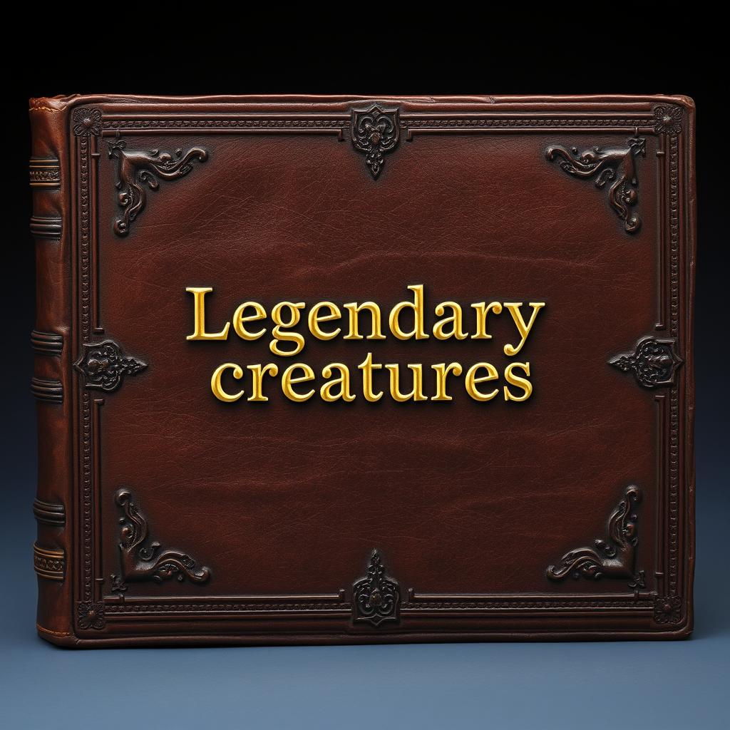 An old A4-sized big leather brown book cover with a gold shining 'Legendary creatures' sentence in the middle