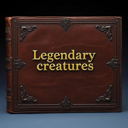 An old A4-sized big leather brown book cover with a gold shining 'Legendary creatures' sentence in the middle