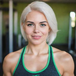 Photograph of a 30-year-old, average-build girl with white hair, working out in a fitness room. She exhibits long square proportional facial features, dimples in her cheeks, bow lips, large black eyebrows, smooth medium green eyes, and swarthy skin