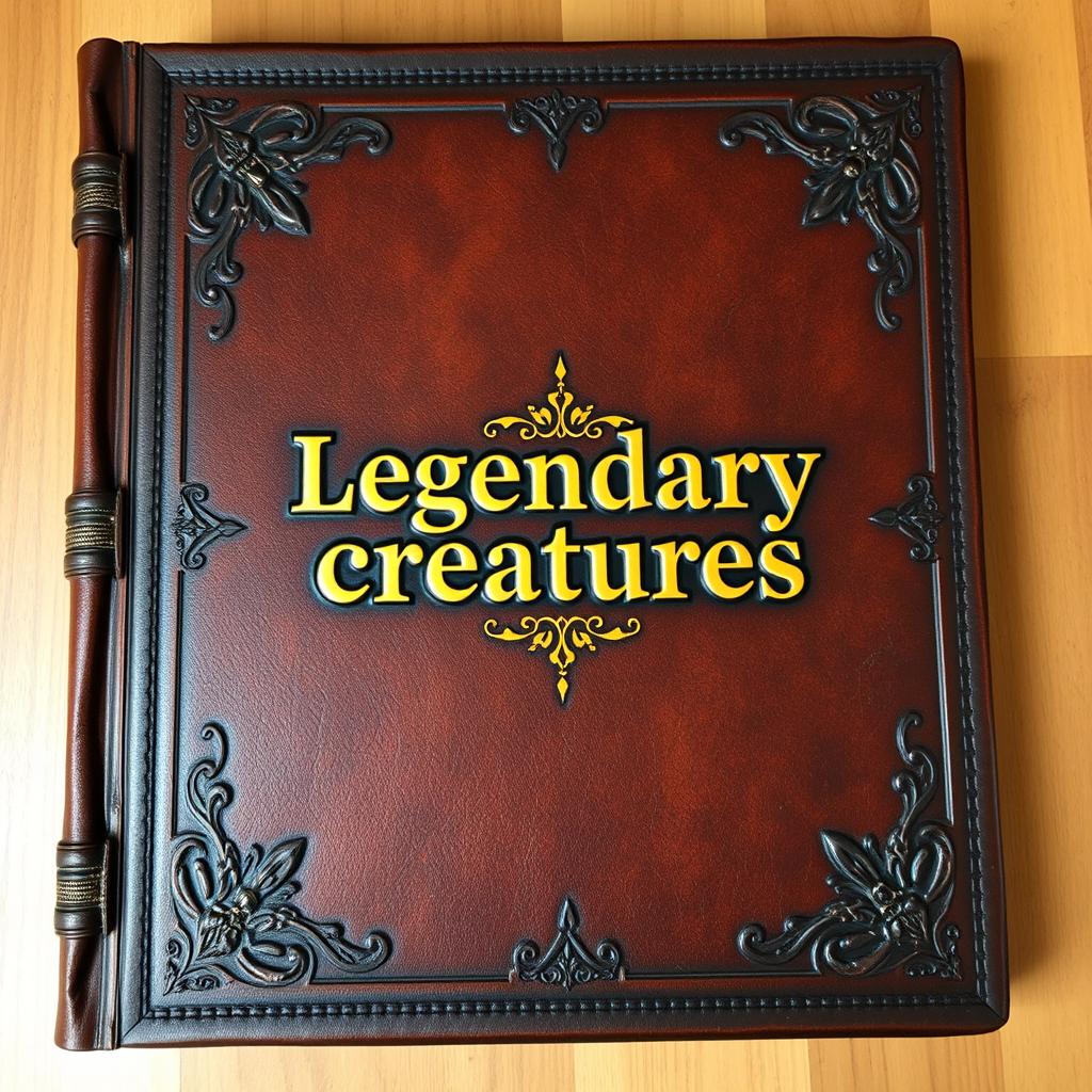 An old A4-sized big leather brown book cover with a gold shining 'Legendary creatures' sentence in the middle