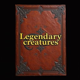 An old A4-sized big leather brown book cover with a gold shining 'Legendary creatures' sentence in the middle