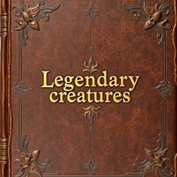 An old A4-sized big leather brown book cover with a gold shining 'Legendary creatures' sentence in the middle