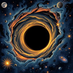 A detailed and visually captivating illustration for a science article titled 'The Mysterious World of Black Holes'