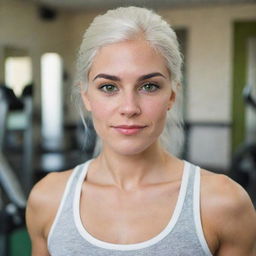 Photograph of a 30-year-old, average-build girl with white hair, working out in a fitness room. She exhibits long square proportional facial features, dimples in her cheeks, bow lips, large black eyebrows, smooth medium green eyes, and swarthy skin