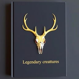 A minimalistic book cover with a foil deer skull in the center and a small gold shining 'Legendary creatures' sentence underneath it