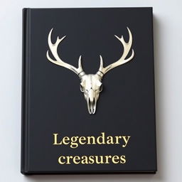 A minimalistic book cover with a foil deer skull in the center and a small gold shining 'Legendary creatures' sentence underneath it